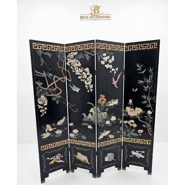 Handcrafted Four-Panel Lacquered Wood Screen with Nature Motif