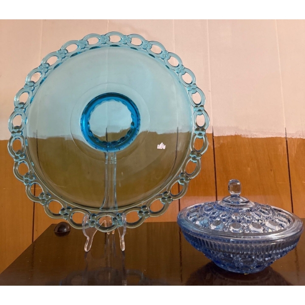 Gorgeous Large Blue Glass Serving Plate (16W), w/ Blue Windsor Candy Dish 