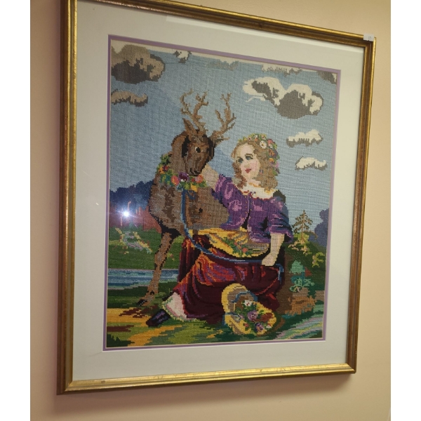Needle Point Framed Art - Girl with Deer: 21 X 25 and Mill House 15.5 X 15.5 