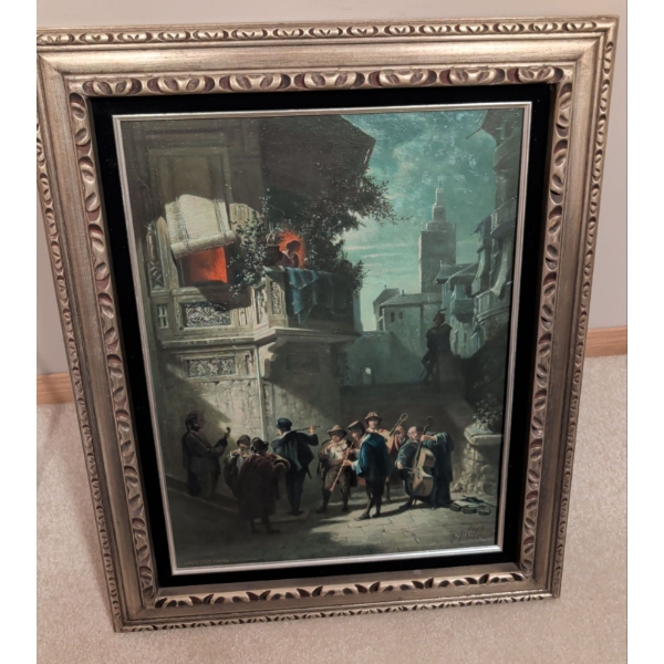 Carl Spitzweg's Oil On Canvas Vintage Art 'The Serenade' - Biedermeirer Style 27x22