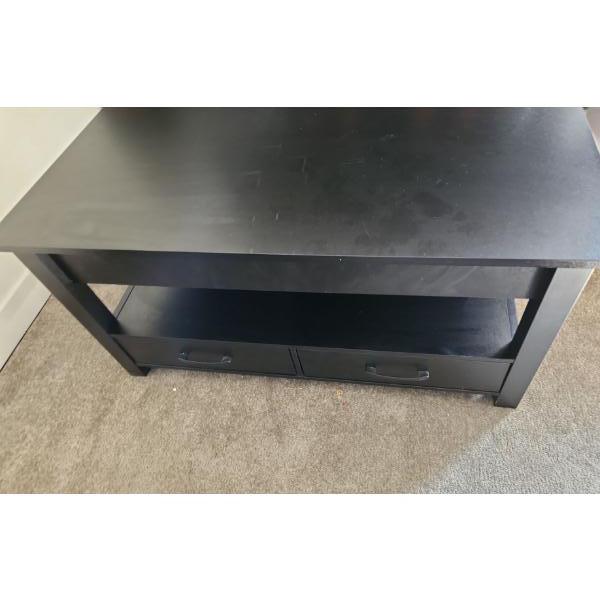 Black MDF Coffee Table w/ Pull-Up Top and Bottom Storage Drawers 39.5 W, 20 D, 19 T 
