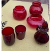Image 1 : Vintage Ruby Red Vases/Bowls (One is Cracked) w/ Ruby Red Cups, and a Vintage Avon Bath Foam Bottle 