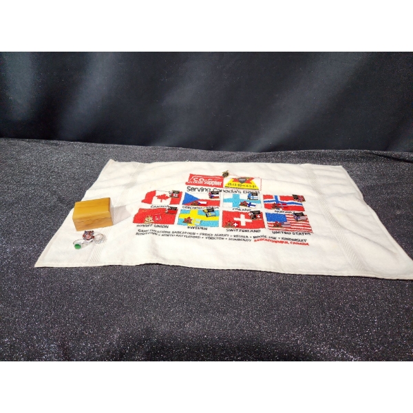 Rings (2 Unstamped, Silver Ring .925 Total Weight 9.5 G) Co-Op Hand Towel w/ Pins, Small Wooden Box 