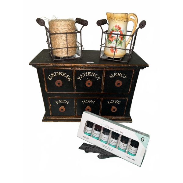 Decorative Wood Drawer Chest, Essential Oils, Jug, and Wire Baskets Set