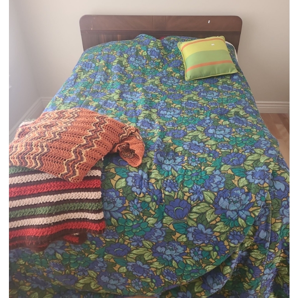 Vintage Wooden Headboard, Frame, Mattress and Boxspring 56 W, 78 D, 39 T, Bedding Shown Included