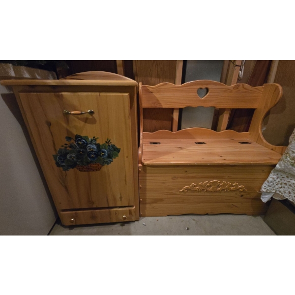 Wooden Bench  w/ Wooden Pull Out Waste Bin (Contents Included) 38 T, 36 L, 16 W