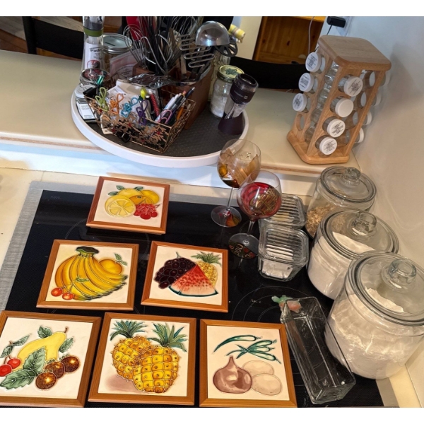 Kitchenware Featuring Romans Fine Arts Handpainted Glasses (2), Decor Tiles (1 Cracked) & More 