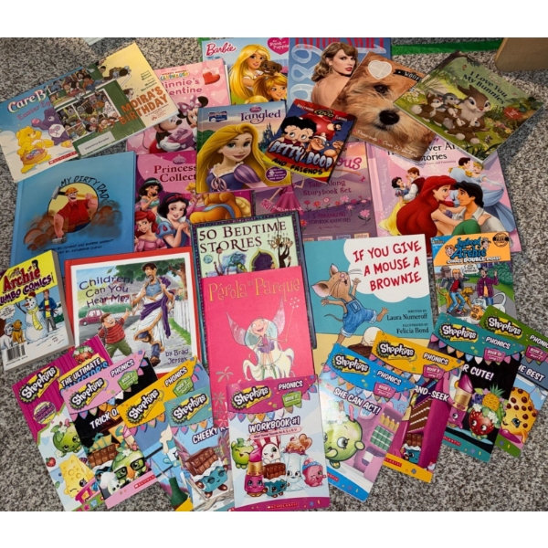 Large Assortment Of Kids Books ft Learning Material & Titles From Disney Shopkins & Scholastic