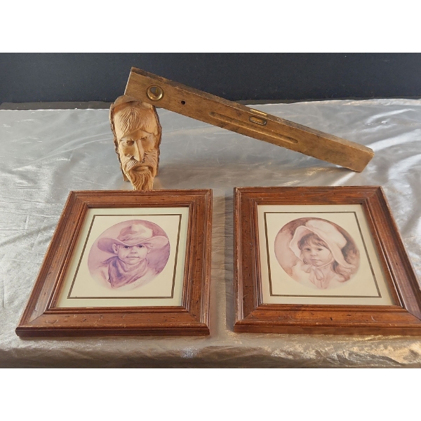 "Little Cowboy" and "Prairie Girl" by Vel Miller, Carved Wooden Head Sculpture and Wooden Level