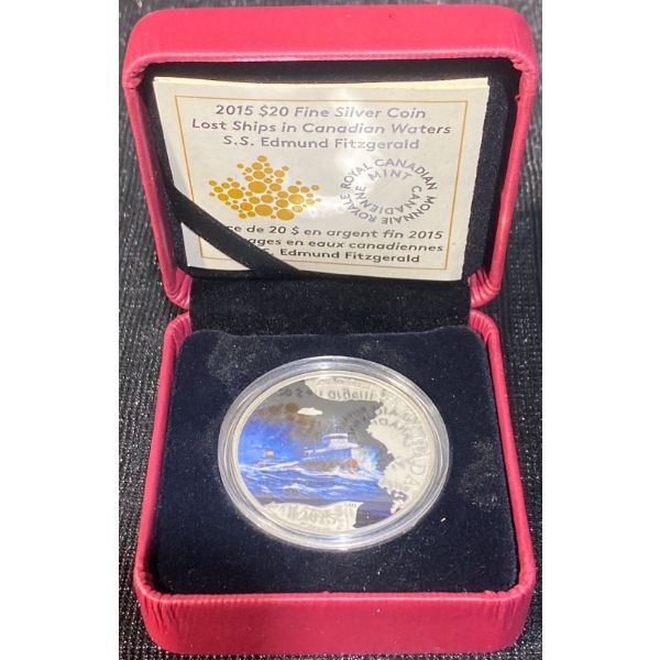 2015 $20 Lost Ships in Canadian Waters S.S. Edmund Fitzgerald Fine Silver Coin 31.39 Grams