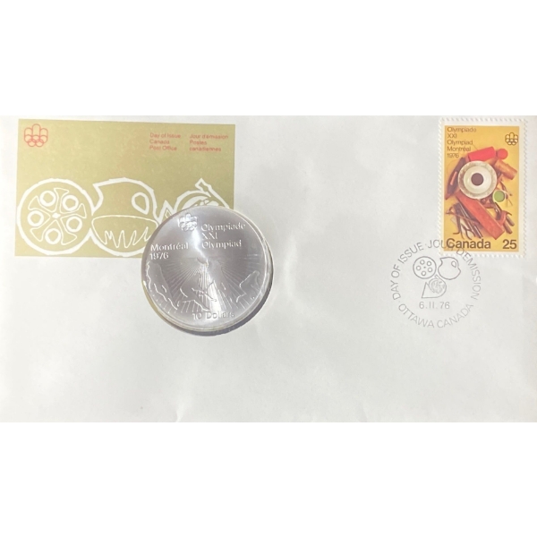 1976 Day of Issue Montreal Olympic Coin & Stamp 92.5% Silver 48.6 Grams