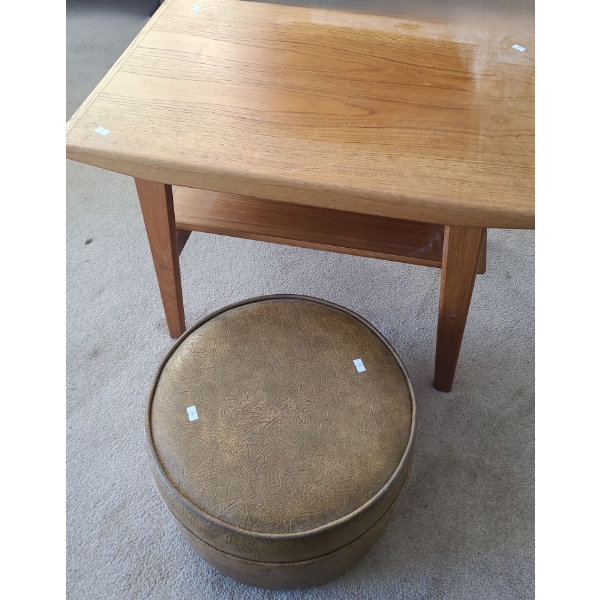 Teak Side Table 29 W, 19.5 D, 19 T and Vinyl Footstool 15" Diameter, 10 T