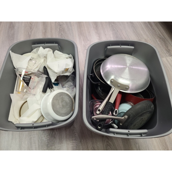 Assorted kitchen items (2 bins of pots and pans and tools)