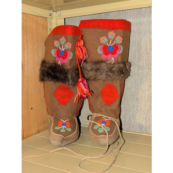 Indigenous Made Moose Hide Mukluks w/ Floral Bead Work Tassels & Fur Trim