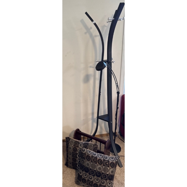 Modern Coat Tree Adjustable Floor Lamp Magazine Rack & 2 Decorative Pillows 