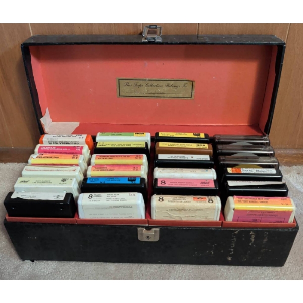 Vintage 8-Track Tape Collection in Black Storage Case