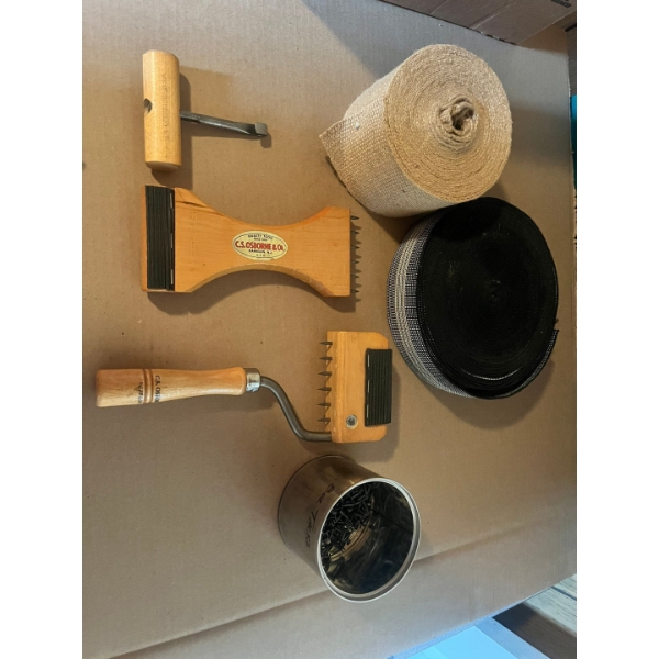 C.S. Osborne hardwood webbing stretcher tools, tacks, and roll of natural burlap/ jute / stretch web