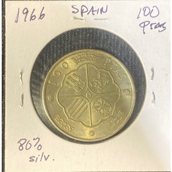 1966 Spain 100 Pesetas 80% Silver 19 Grams 