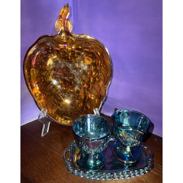 Iridescent Indiana Carnival Glass Tableware- Serving Bowl & Cream+Sugar w/Tray