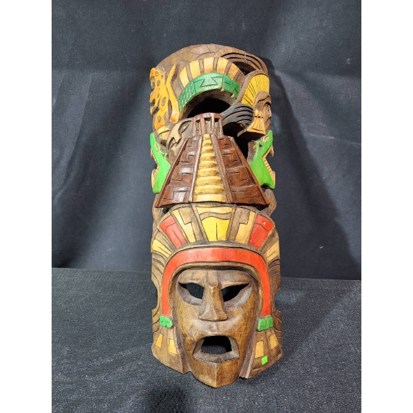 Hand-Carved Wooden Wall Mask With Colorful Accents, 11 x 25 Inches