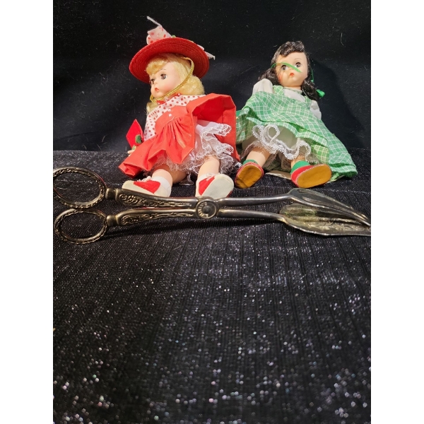 Vintage Silver-Plated Serving Tongs and Vintage Dolls