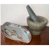 Image 1 : 'Molcajete' Granite Mortar & Pestle w/ Studio Pottery Abstract Leaf Glazed Dish