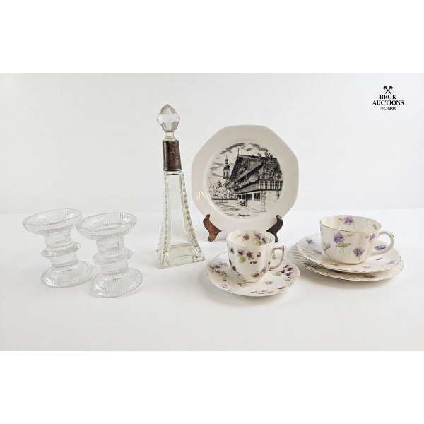 Hammersley Tea Cups And Saucers In The "Victorian Violets", Crystal Decanter 9''INCHES H , And More