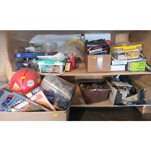 Contents of Garage Shelf Including: Hardhat, Hardware, Ceiling Fixture and More!