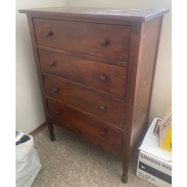 Beautiful Antique Well Loved Wooden Four Drawered Dresser  28" x17" x 48"tall