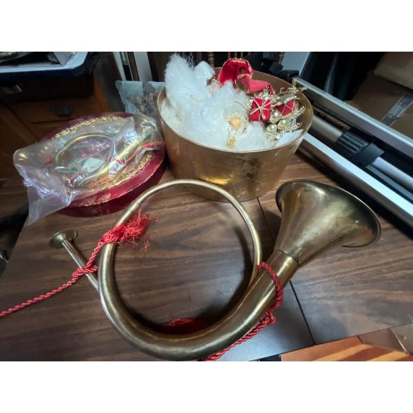 vintage Christmas ornaments along with two horns 