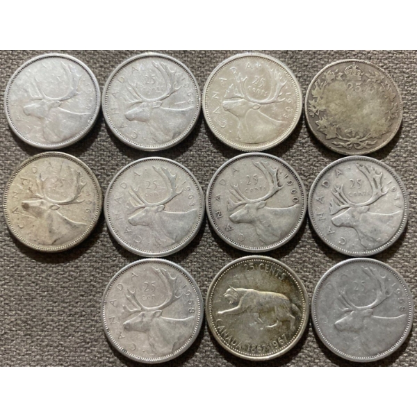 Canadian 25-cent Pieces 80% Silver 64.13 Grams