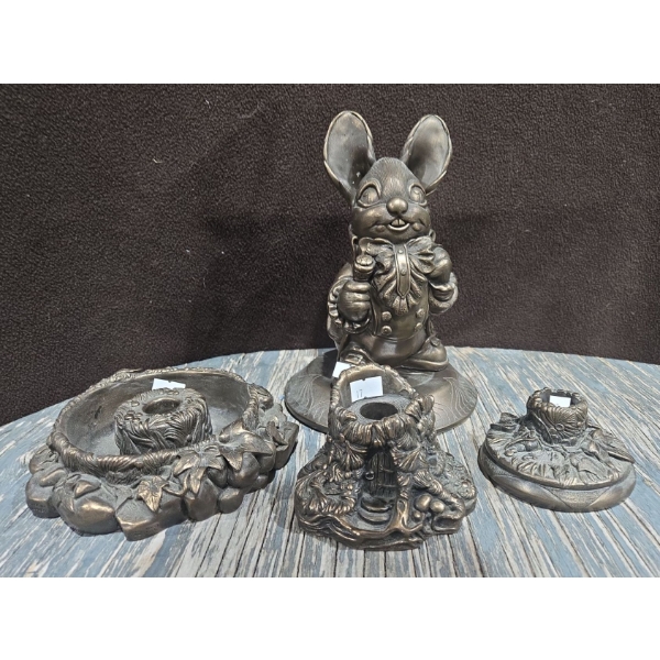 Pendelfin Rabbit Bronze Toned + Matching Candle Holders Felt Bottoms