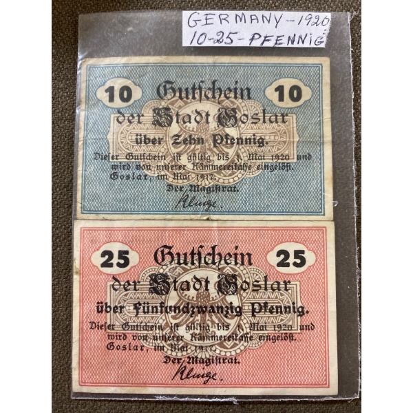 1920 German Notgeld Currency Notes: 10 and 25 Pfennig