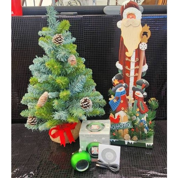 Festive Set: Wooden Santa, Mini Frosted Tree, and Digital Ornament