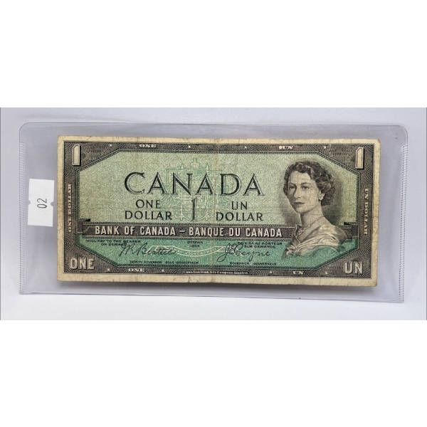 1954 Canadian 1Dollar Bill - ERROR Missing Serial Number, Signatures off Centre, Yellow only Reverse