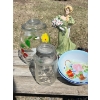 Image 3 : Oil lamp, glass cookie jar (has chip)Nabob coffee glass jar, Roger syrup, tin two enamel flower bowl