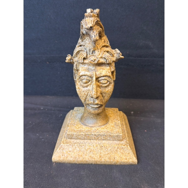 Carved Stone Statue with Detailed Headdress on Square Base