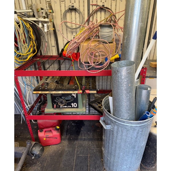 Delta 10 Table Saw w/ Red Shelf Shop Tools Area  ++ Gas Cans & Garage Goodies