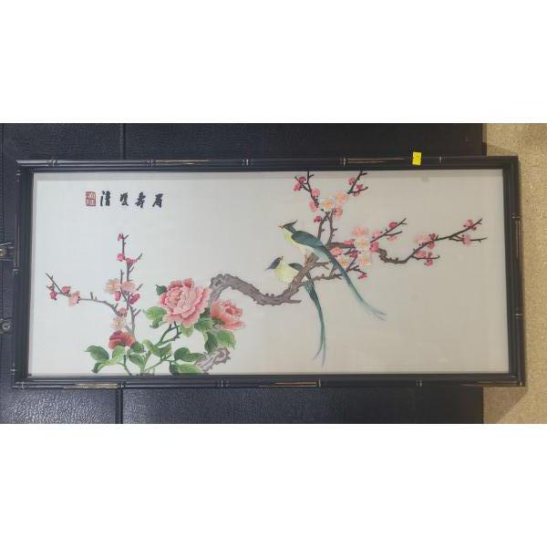 Asian Birds on Silk 31 X 14, Framed Under Glass 