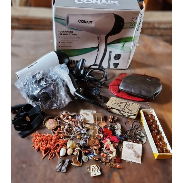 - Conair Tourmaline Hairdryer, Wallet and Pouches, Assorted Pins, Other Costume Jewelry and More!