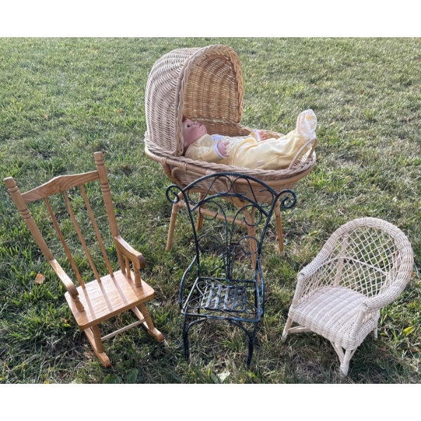 Collectible Doll Accessories - Rattan Bassinette 21T Lawn Lounger & Wood Rocking Chair 