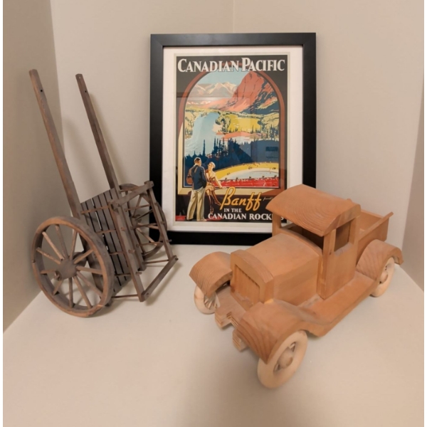 Framed Vintage Canadian Pacific Advertisement w/ Hand Carved Heirloom Automobile & Buggy