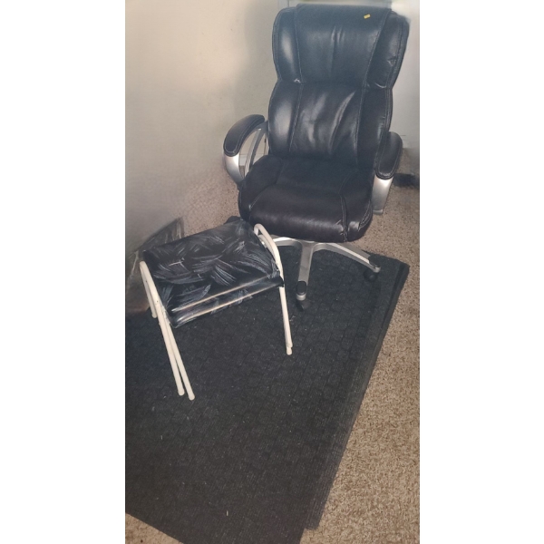 Dark Brown Adjustable Office Chair 26 W, 24 D, Pair of Vinyl Stools 40 T 18 x 12 x 17, Utility Mats 