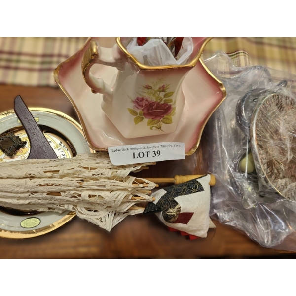 Decorative Lace Miniature Umbrella, Statfordshire Bowl & Pitcher, EP Tray, Creamer/Sugar & more
