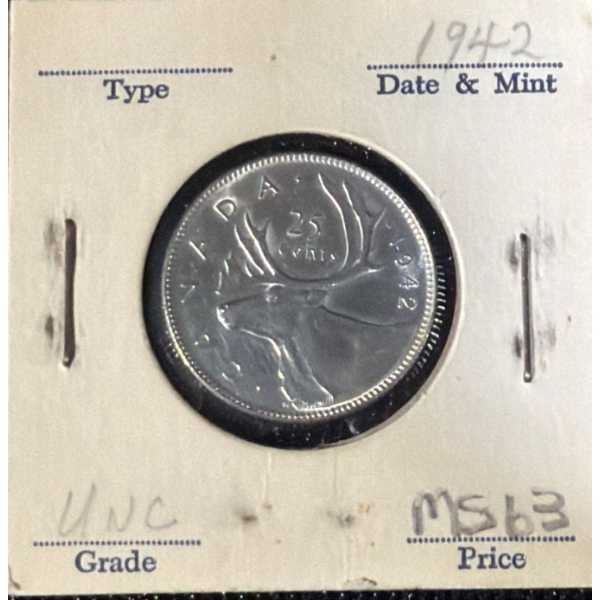 1942 MS63 UNC Canadian Quarter 80% Silver