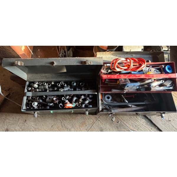  2 vintage toolbox full of hydraulic fittings the other has miscellaneous tools, wrenches, handtools