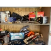 Image 3 :  shelf with contents, including a vintage radio, moving sliders, bolt bins, electric power tools, in