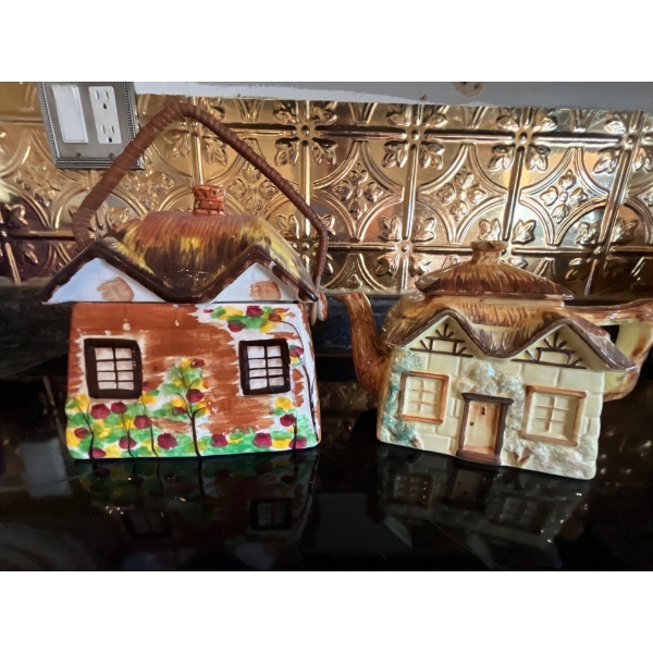 cabin, ceramic teapot and cookie jar