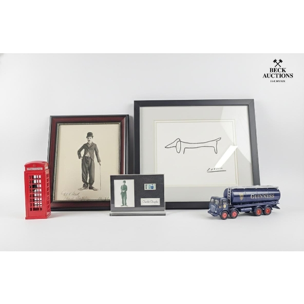 Charlie Chaplin Memorabilia And A Framed Print Of Pablo Picasso's "Le Chien" (The Dog) Sketch.