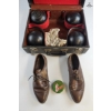 Image 2 : Vintage Christie Lawn Bowling Set Includes Four Black Bowls And Brown Leather Bowling Shoes. 